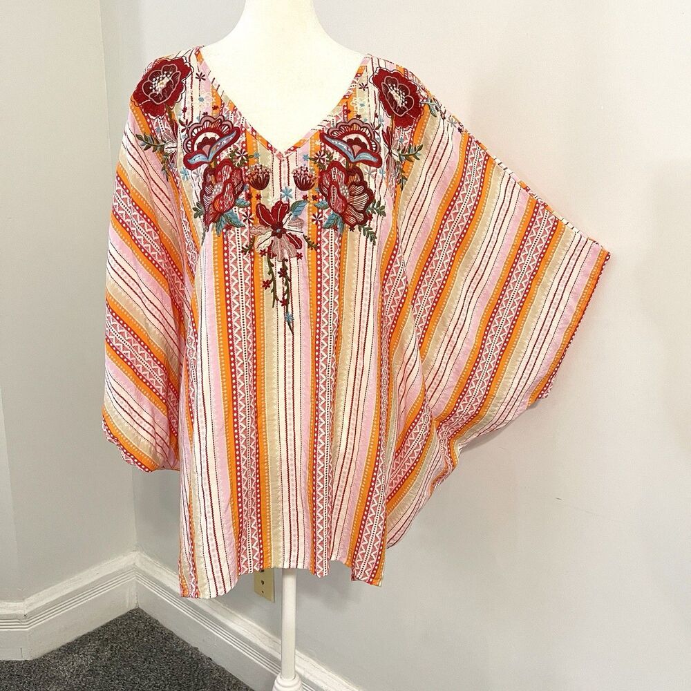 Savanna Jane Embroidered Kimono Top Size 1X/2X Artsy Striped Colorful Boho - Picture 2 of 11